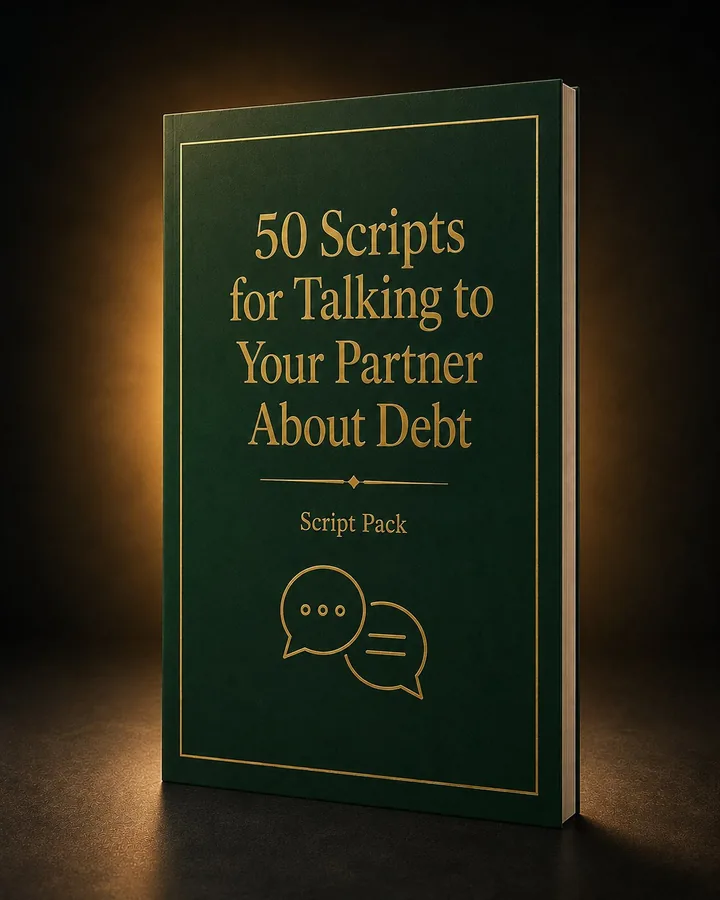 50 Scripts for Talking to Your Partner About Debt, shown as a green book